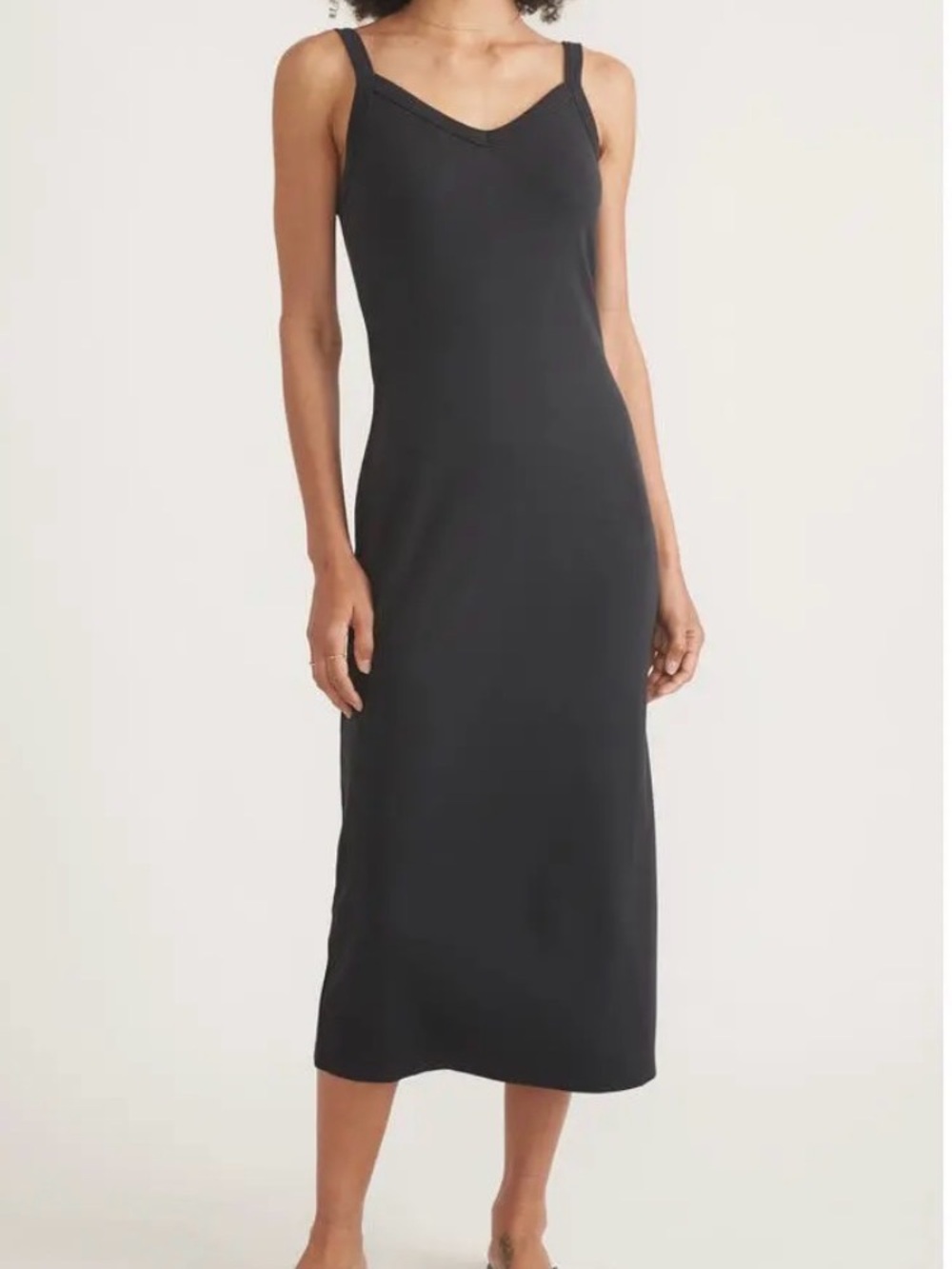 Marine Layer Lexi V-Neck Rib Midi Dress Black Double Lined - Picture 2 of 10